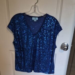 CeCe Blue Sequin V-Neck Short Sleeve Top